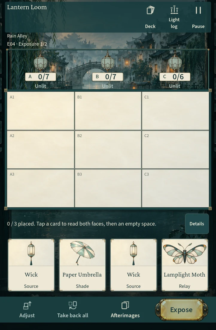 Actual Lantern Loom gameplay on iPad: three lamps, a nine-space board, illustrated cards and the Expose control